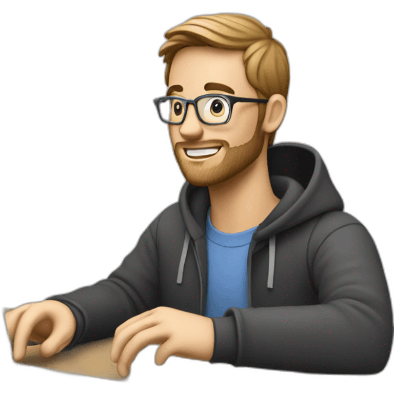 white video editor man using small apple laptop on side emoji