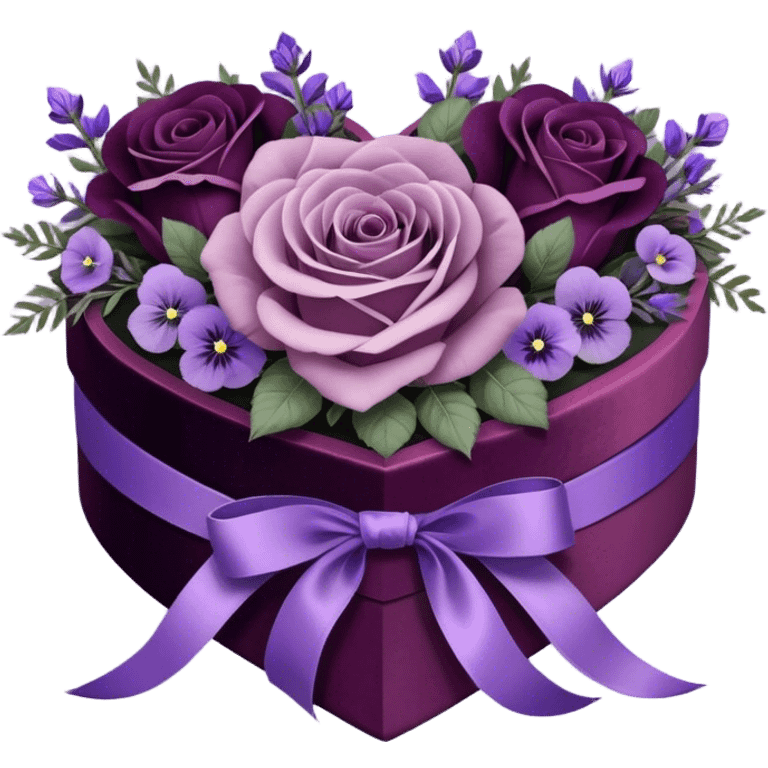 A vintage-inspired heart-shaped velvet box, wrapped with a rich plum silk ribbon, rests beside a delicate arrangement of soft purple roses, lavender sprigs, and dark amethyst pansies. Under the moonlight, tiny silver stars glimmer on the box’s lid, reflecting the romantic glow of an ornate candlestick standing nearby. emoji