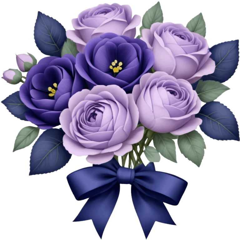 A hand-tied bouquet of soft lilac roses, pale violet peonies, and deep indigo pansies, bound with layers of vintage lace and a faded purple silk bow, rests upon a carved wooden vanity, beside an antique silver heart-shaped mirror reflecting the timeless beauty of love’s gentle touch. emoji