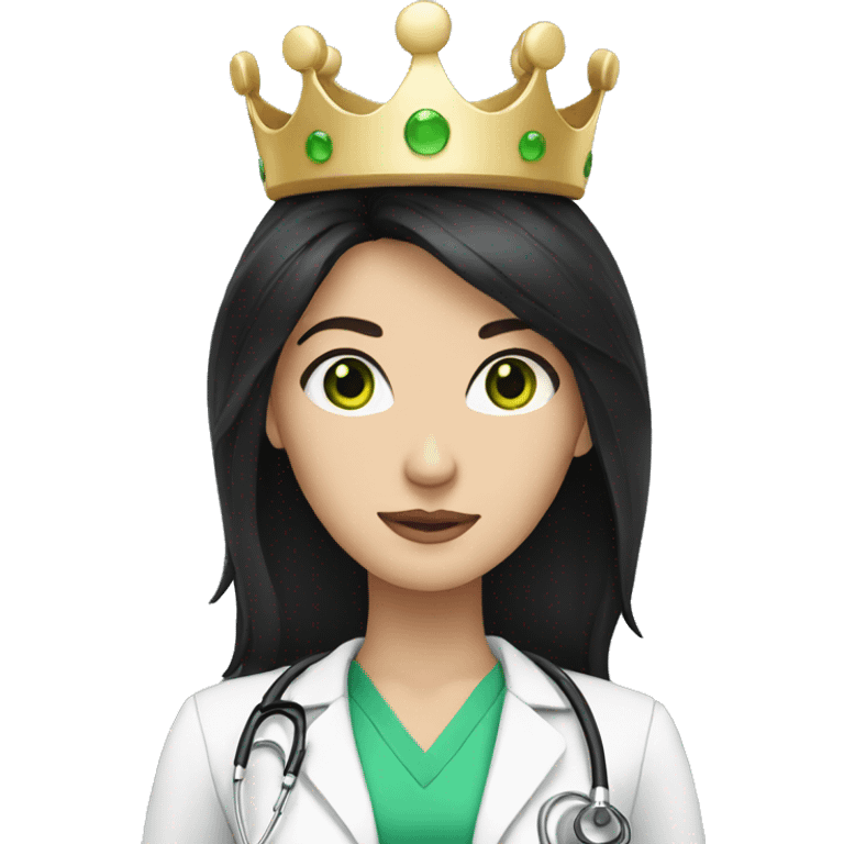 White Female doctor with green eyes, long black hair and a crown emoji