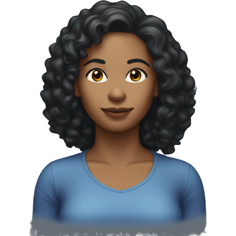 A head and shoulders shot of a 35 year old African American woman, with curly black hair,   with brown eyes wearing a t-shirt. emoji