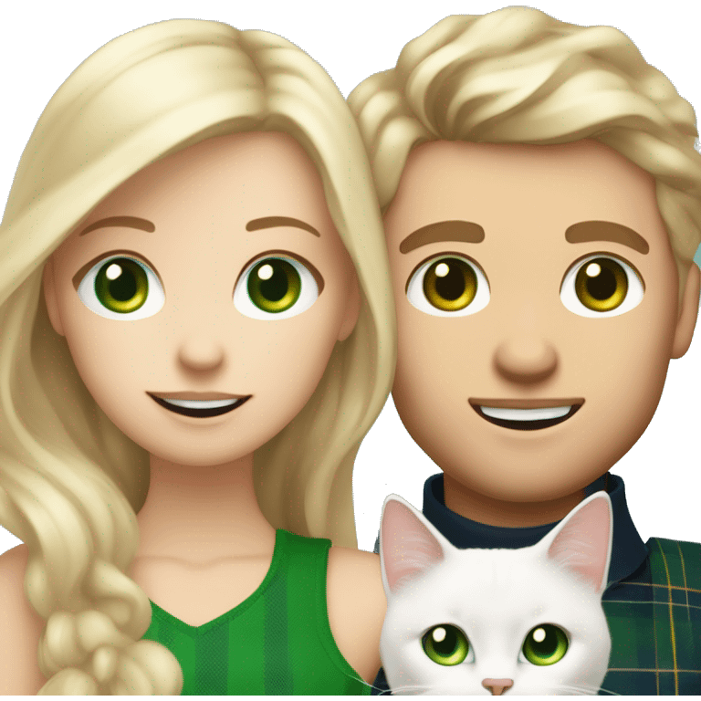 Blonde girl with long wavy hair and green eyes and blonde boy with blonde short hair and blue eyes wearing a vest, the couple is holding a scottish straight white cat green eyes emoji