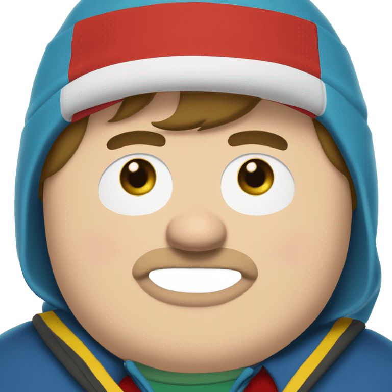 eric cartman (fat boy with white skin tone, blue and yellow poofball hat, red jacket, oval eyes, no nose and smile) emoji