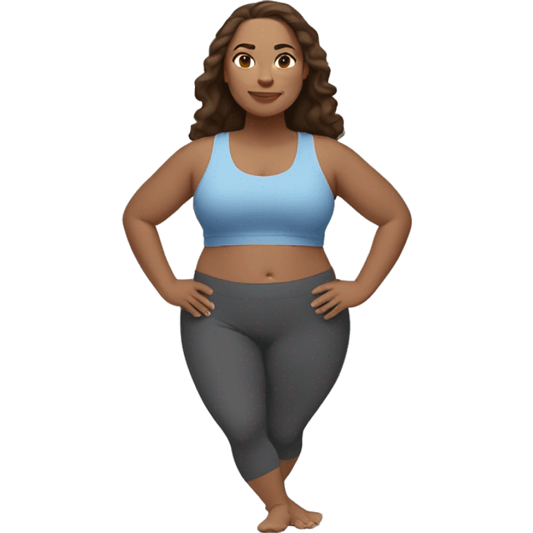 A plus size woman in a lunge yoga pose. She has light skin, brown straight hair, and brown eyes.  emoji