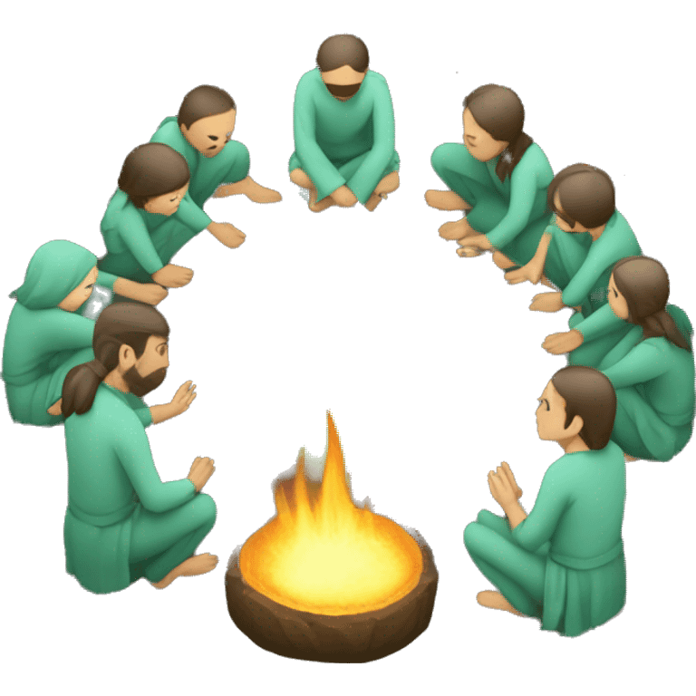 ritual with 7 people kneeling in a circle with green flame in the middle  emoji