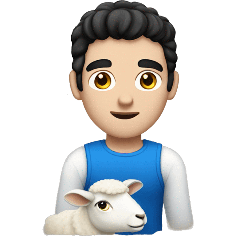 white man with black hair and blue eyes with sheep emoji