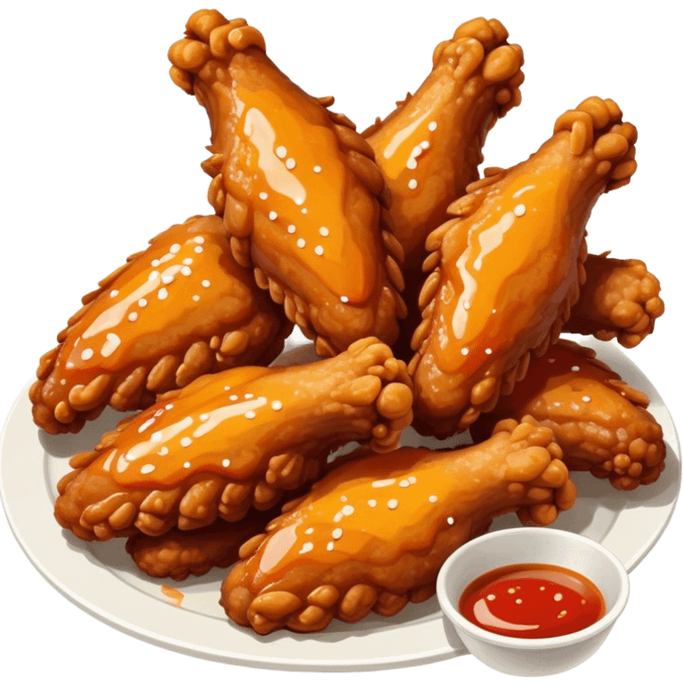 Cinematic crispy chicken wings, golden-brown and glazed with spicy sauce, crunchy coating, juicy inside, piled high with dipping sauce on the side, ultra-realistic and mouthwatering, inviting and bold. emoji