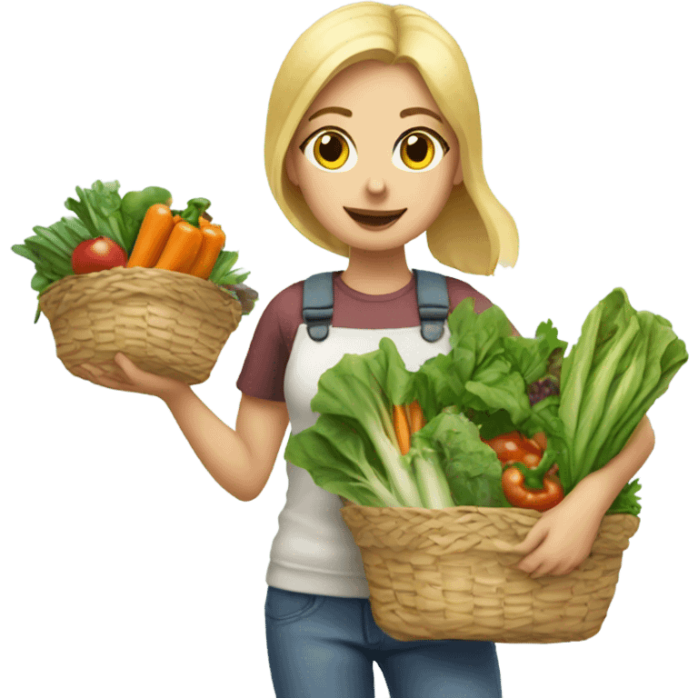 Blonde girl carrying baskets of vegetables and greens emoji