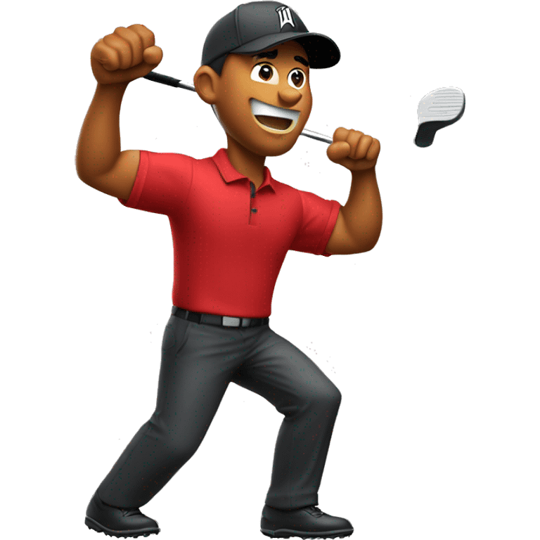 Tiger woods fist pumping while wearing red shirt holding putter in left hand emoji