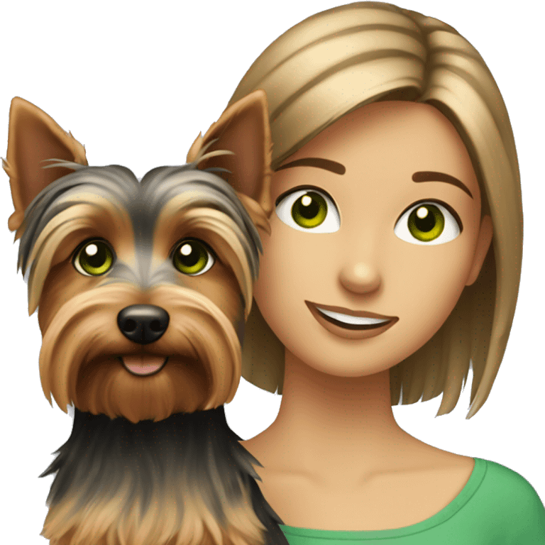 Girl with brown hair and green eyes is holding a silky terrier dog  emoji