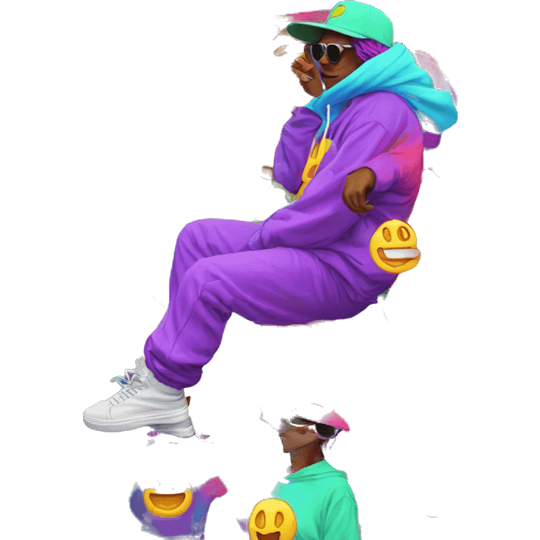 Multicoloured neon person smoking wearing hoodie dancing hip hop bucket hat tropical Skater fashion aesthetic baggy clothes graphic t shirt 420 emoji