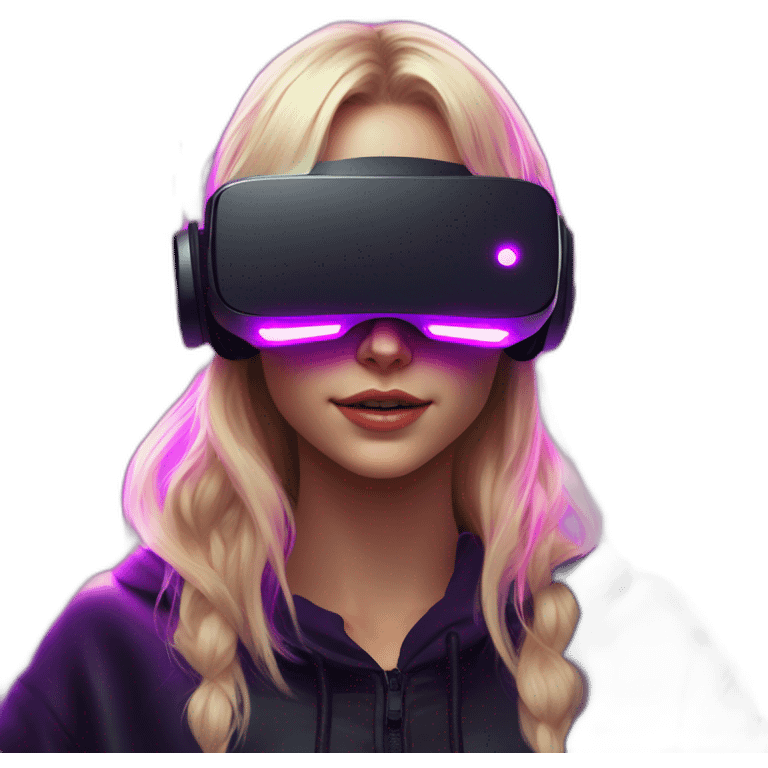 Russian blondy girl celebrating her birthday wearing a black hoodie and VR headset in a cyberpunk VR environment with violet neon lighting emoji