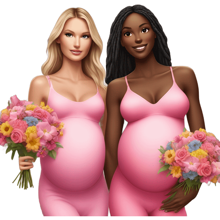 Realistic Photo of 2 Victoria secret models pregnant posing with flowers emoji