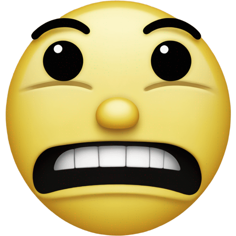 a yellow face emoji with horizontal black lines for eyes, a slightly agape black mouth shaped like an upside-down "u", and two eyebrows above the eyes, the left one flat, the right one arched in a curve, displaying a perplexed expression emoji