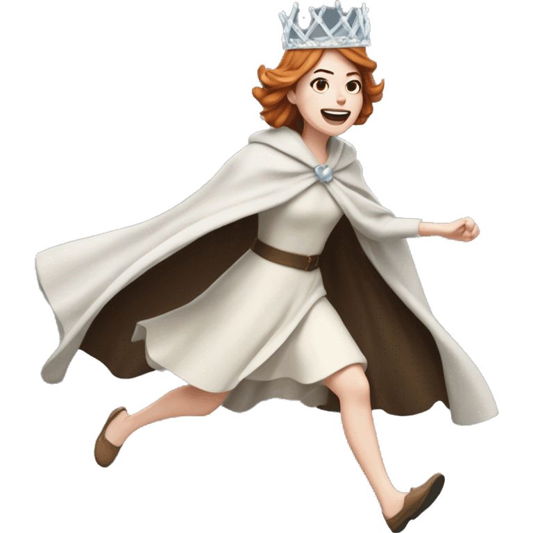 Emma Stone running, with a large stride and arms outstretched, wearing an icicle crown and winter cloak emoji