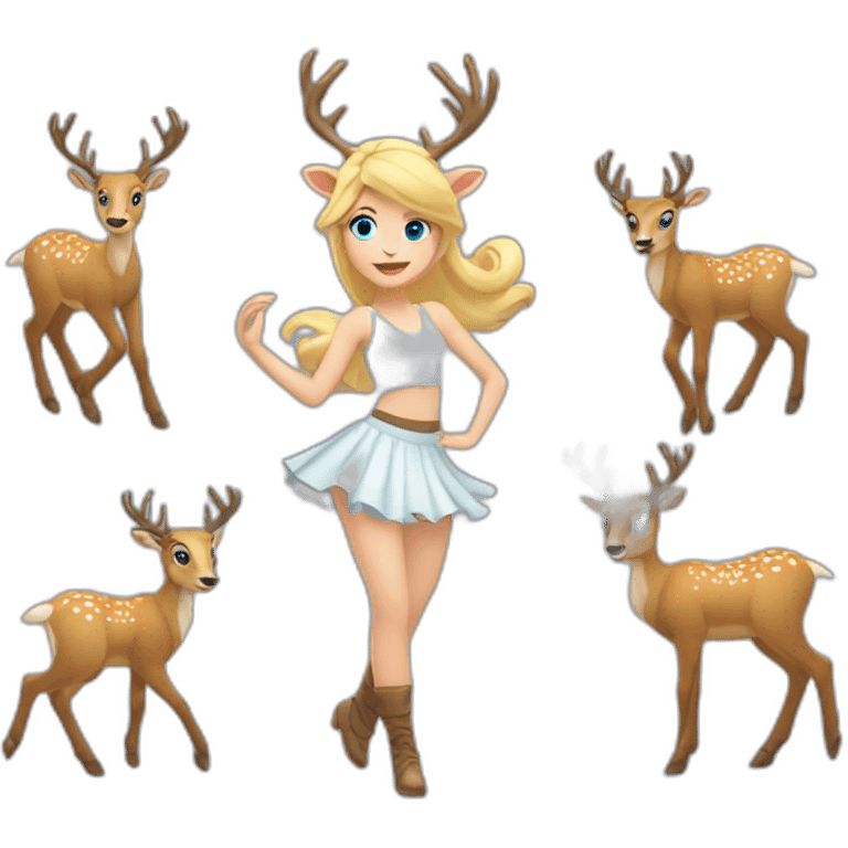 blonde girl dancer with blue eyes, take one big horn of deer in her right hand. Show full body of girl. She is dancing. emoji