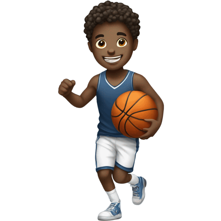 smiling boy in night shirt playing basketball emoji