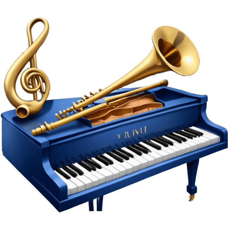 Create an elegant and refined emoji that represents orchestration and arrangement. The design should feature a musical score or sheet music with various orchestral instruments like a violin, a trumpet, and a grand piano subtly integrated into the composition. Add a conductor's baton, symbolizing the guiding hand of orchestration, and flowing musical notes that move between the instruments. Use rich, classic colors like gold, silver, and deep blue to evoke the sophistication of orchestral music. The background should be transparent, with a touch of intricate details to represent the complexity of orchestration. emoji