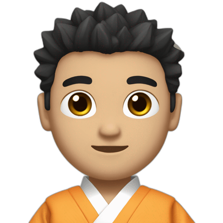 man dressed in karate kimono (all white, with black belt at the waist), with light brown skin, black hair spikes, black eyes emoji