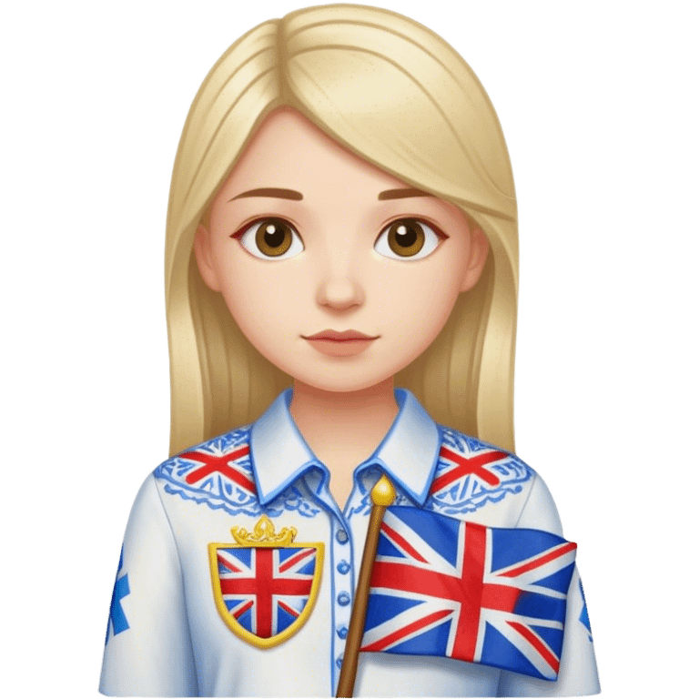 A Ukrainian girl wearing an embroidered shirt and a British flag emoji