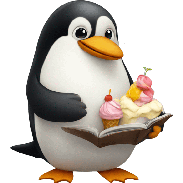 pinguin having an icecream and reading a book emoji