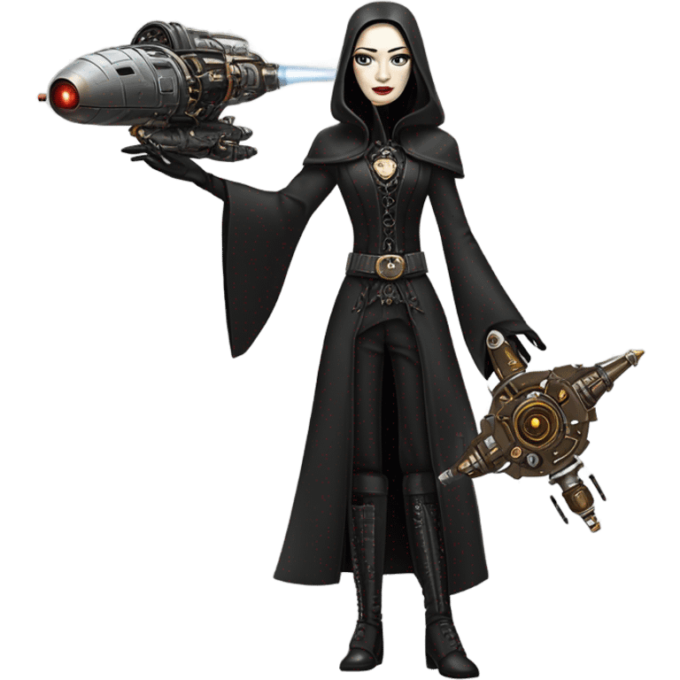 Jedi teen Morticia Addams flying a Jumpspeeder anti-gravity repulsorlift powered by an imperial speeder steampunk  emoji