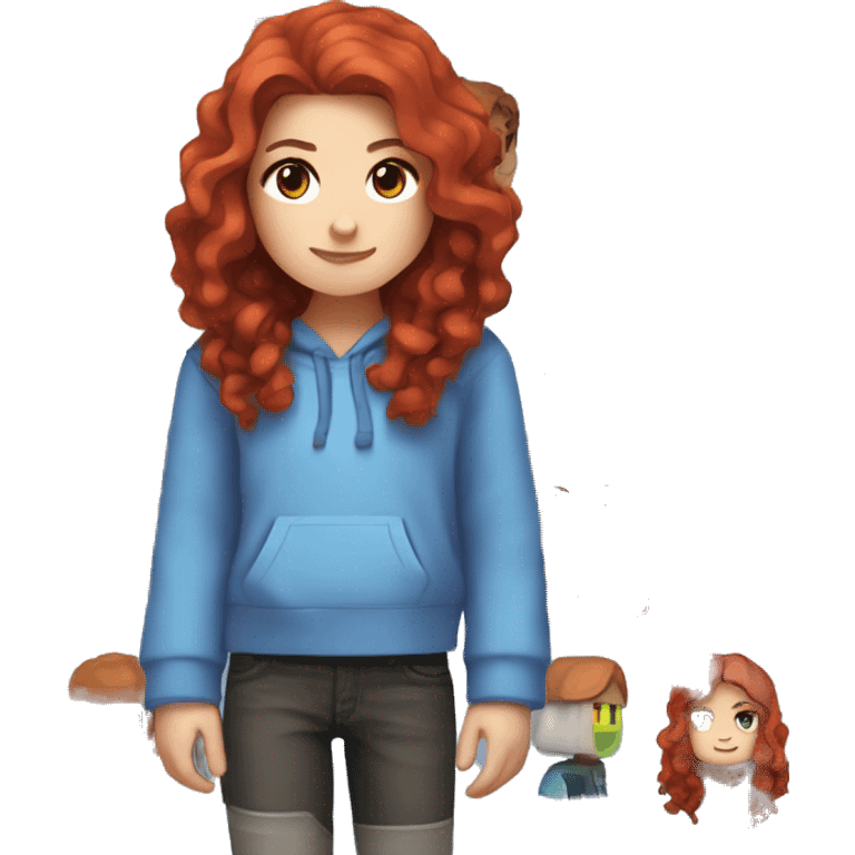 a white girl with long red curly hair, wearing periwinkle Minecraft hoodie playing a videogame emoji