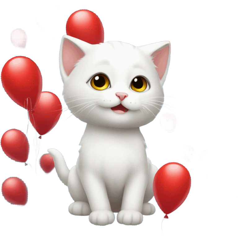 small white kitten and red balloons emoji