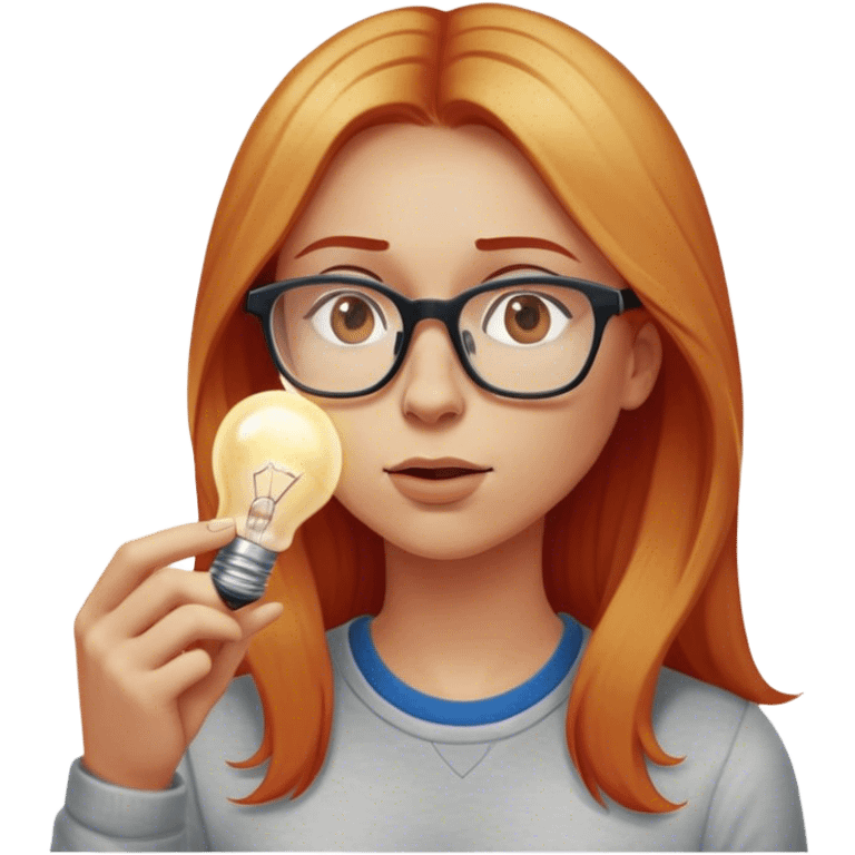 intelligent and clever, 30 year old, girl, long red and almost blond hair, glasses, has an brillant idea, rubs his nose, light bulb over the head, casual cloth  emoji