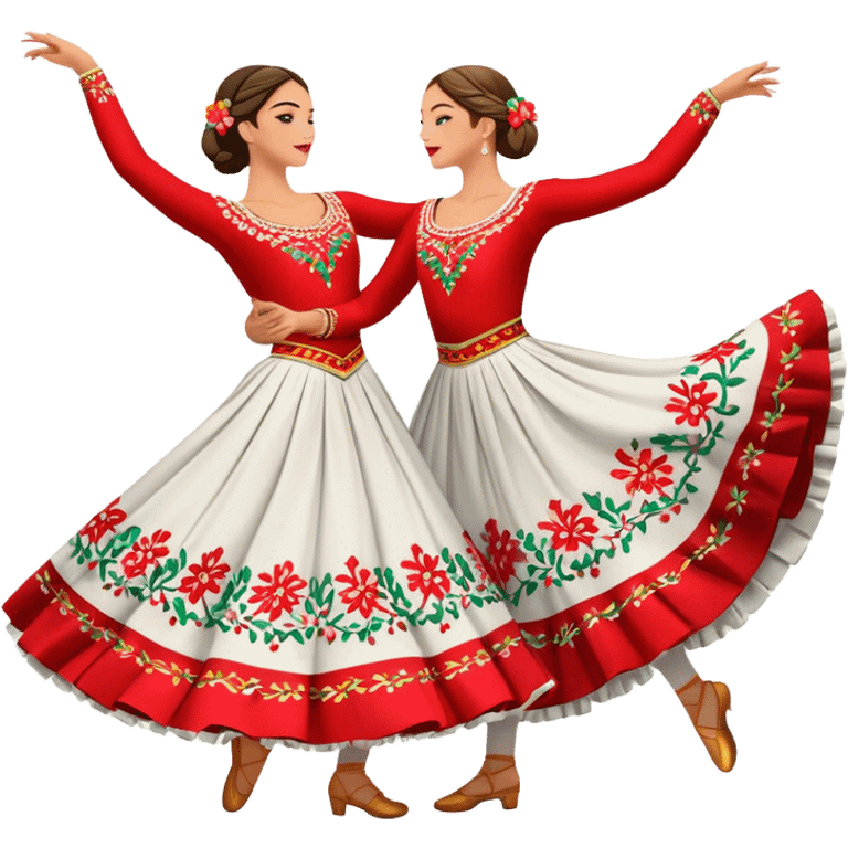 Cinematic Realistic scene of two dancers performing the Tarantella, dressed in vibrant, flowing traditional costumes with detailed embroidery and dynamic skirts, captured in festive motion with warm, lively lighting emoji