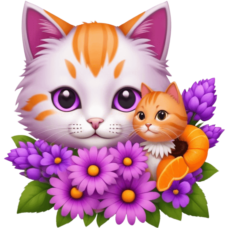 Pink and purple flower bouquet next to a cute cat emoji