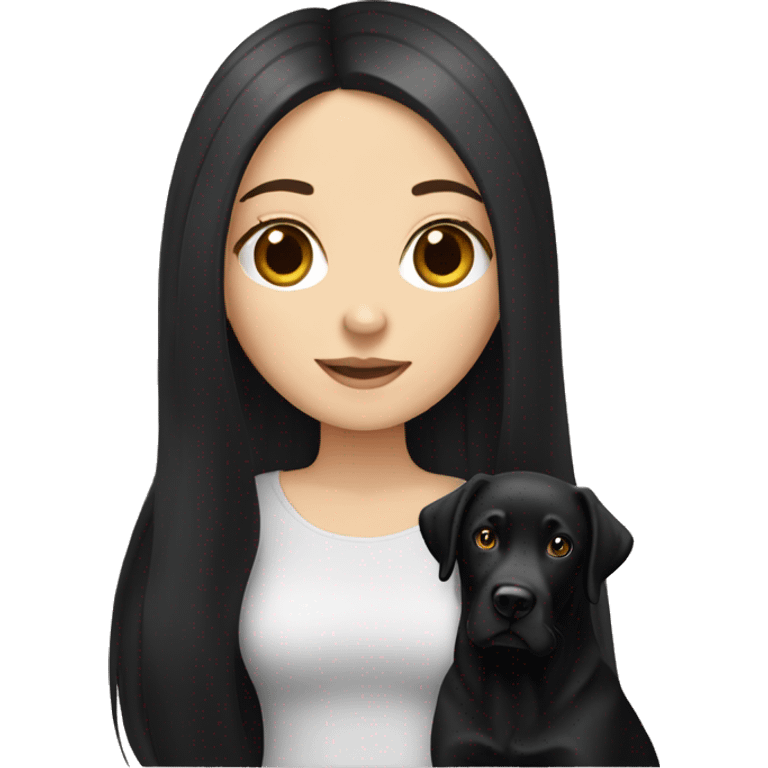 white girl with long straight black hair holds her black Labrador emoji