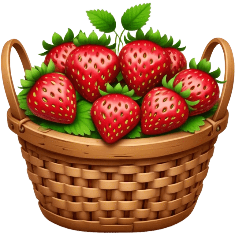 Cinematic ripe strawberrie, deep red, glossy with tiny seeds, green leaves still attached, gathered in a rustic basket, warm glowing background, fresh and sweet. emoji