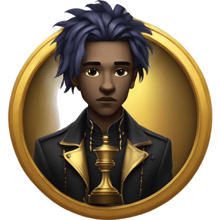 Hamlet young skinny sad man iridescent hair wearing raven feathers with a gilded hourglass and golden flames yin yang chess board emoji