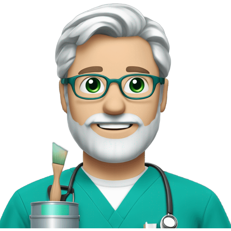 male dark blond doctor with grey beard with hazel eyes and wire-rimmed glasses in teal scrubs holding a paintbrush and paint can emoji