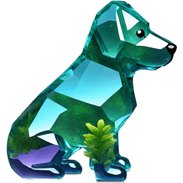 A dog made entirely of glass mirror crystals prisms glass transparent filled with plants as a terrarium emoji