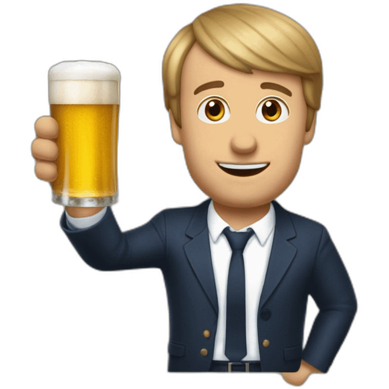 un chien qui boit une bière accompagné de Emmanuel Macron emoji