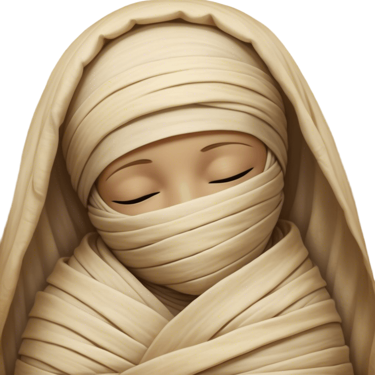 A snug, cozily wrapped mummy, fully encased in soft, slightly loose bandages, even its face gently hidden behind folds with only a tiny glimpse of sleepy eyes, nestled in warm, faded tones with gentle golden accents, simplified yet irresistibly charming, highly detailed with a soft glowing outline capturing the peaceful aura of an ancient being drifting into rest! emoji