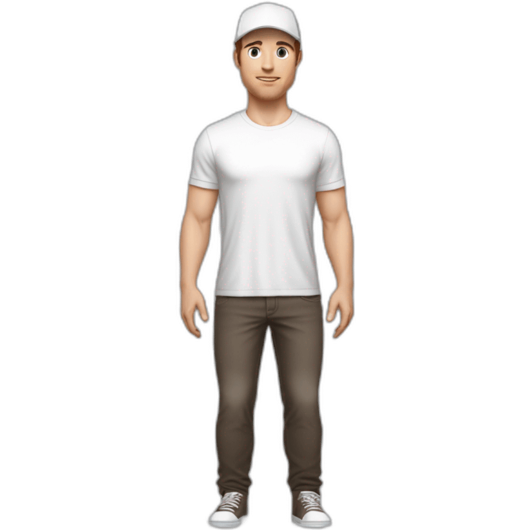 Pale skinned fit Man with dark brown hair in a light gray cap, dark brown jeans, brown polo and white T-shirt keeping a pasted with tape white box into his hands emoji