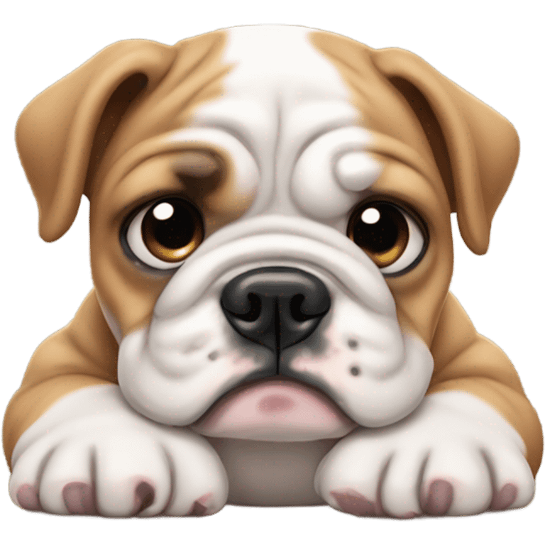 A English bulldog puppy with a a tear emoji