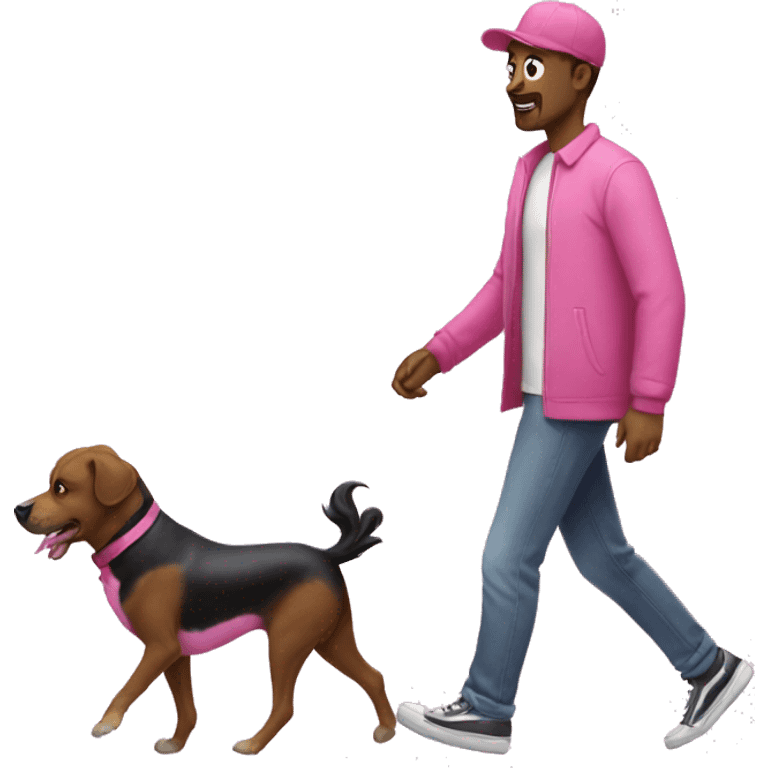 An guy walk on park with his pink dog emoji