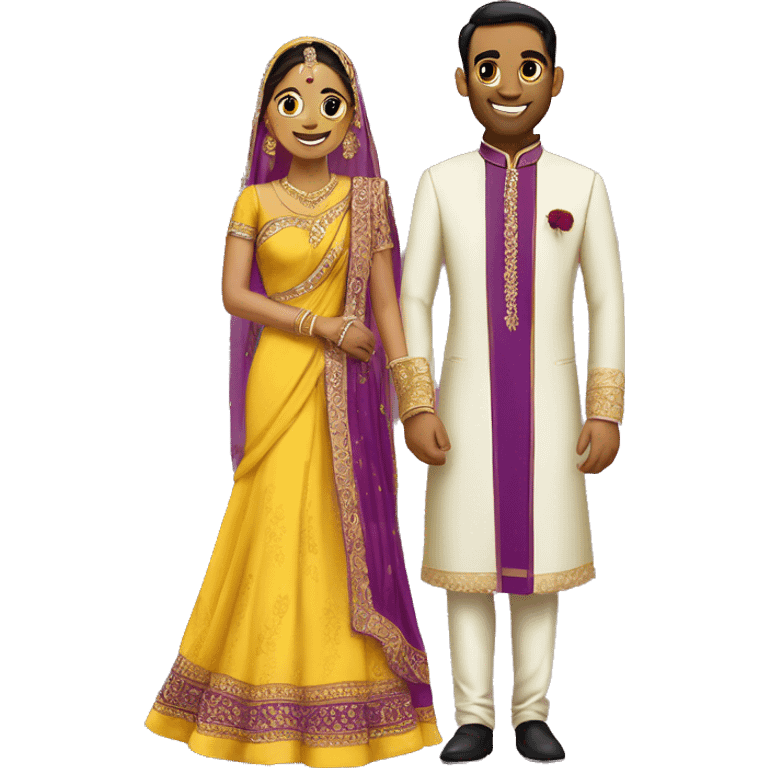 Bride in yellow saree and groom in purple sherwani emoji