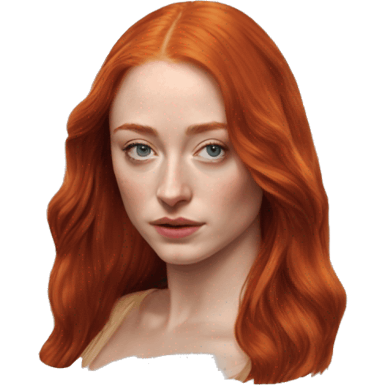 Sophie Turner long red hair, teenager, Sansa Stark, hyperreal, photoreal portrait emoji