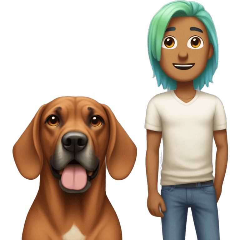 white male with long rainbow colored hair standing alongside a brown rhodesian ridgeback emoji