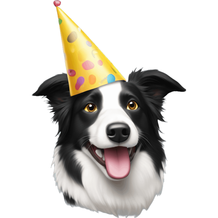 A  happy Black and white Australian Border Collie wearing a Birthday Party Hat. emoji