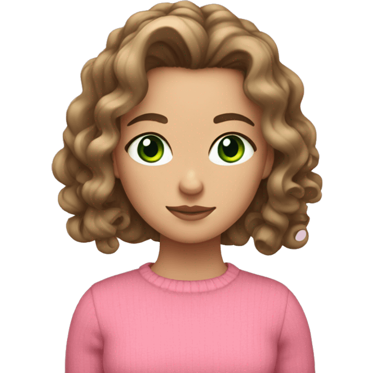 White girl with brunette curled hair and green eyes and a pink sweater emoji