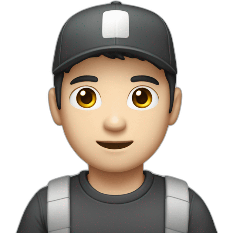 Pale skinned Man with black hair in a white cap and dark gray polo T-shirt keeping a box into his hands emoji