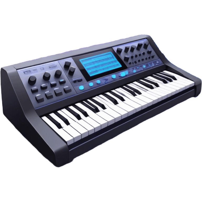 Create a professional and artistic emoji that represents sound design. The design should feature essential sound design equipment, including a high-end Korg synthesizer, a sound mixing console with visible wires, large studio speakers, and a microphone. Surround the equipment with flowing, abstract sound waves and musical notes to symbolize the fluid, creative nature of sound design. Add subtle effects like glowing sound frequencies or swirling patterns to represent the dynamic manipulation of sound. Use sleek, modern colors like black, silver, neon blue, and purple to evoke a sense of innovation and artistic exploration. The background should be transparent. emoji