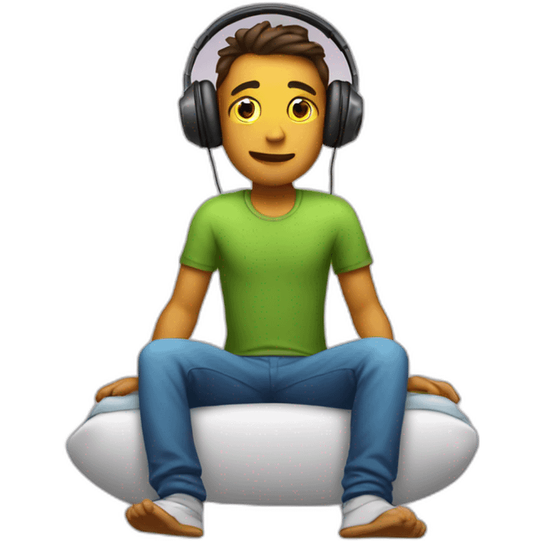 An lazy boy on bed with wearing headphones deside his legs 2 pellos  emoji