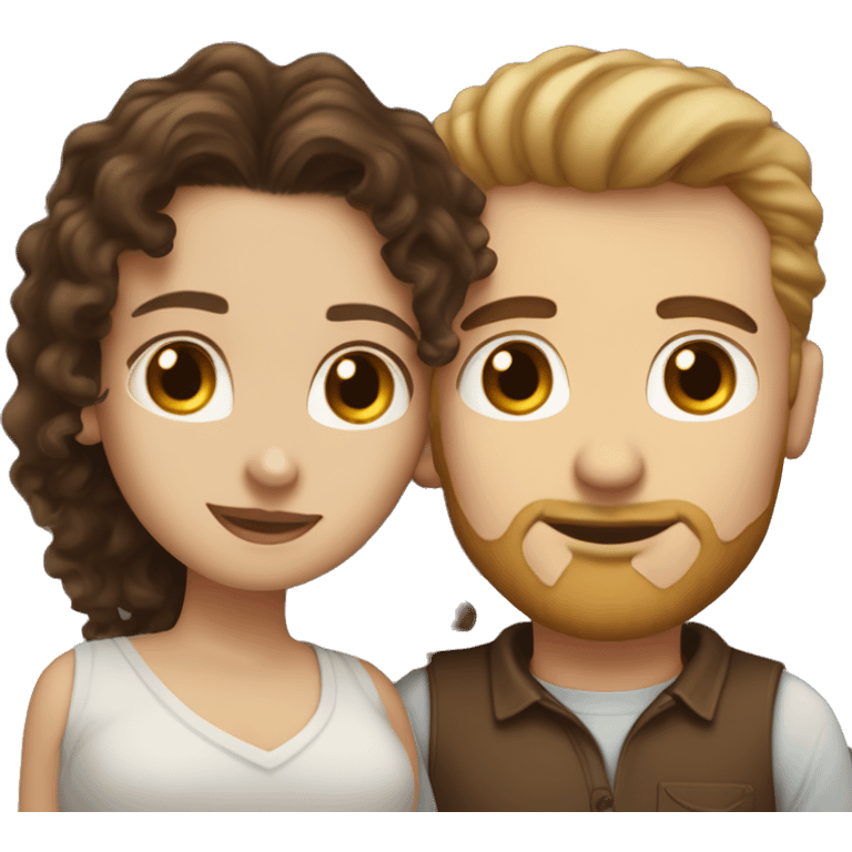 White woman with long dark brown curly hair kissing white man with light brown hair and stubble emoji